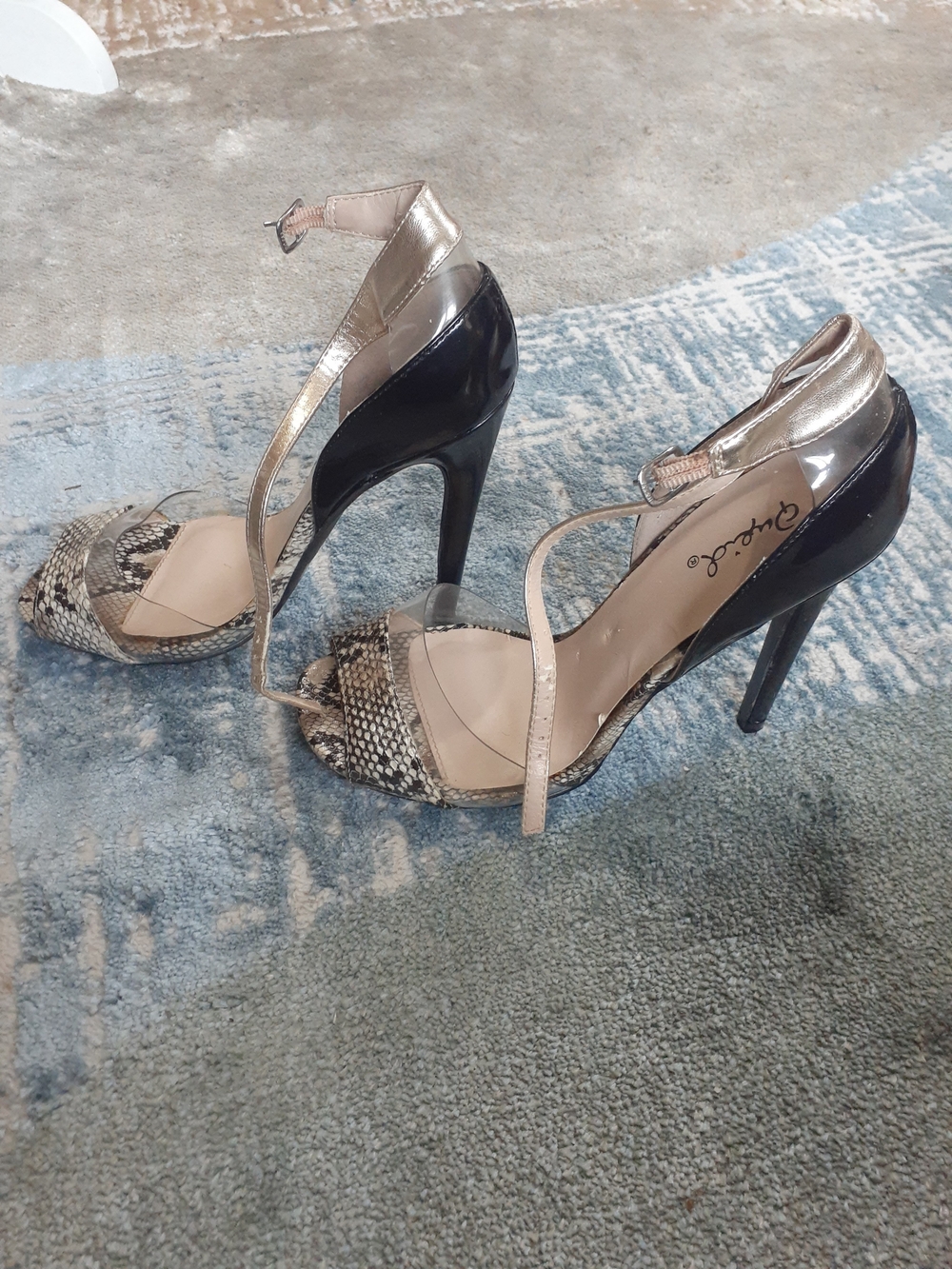 Qupid Black Patent & Metallic Gold Snake-Print Strappy High Heels